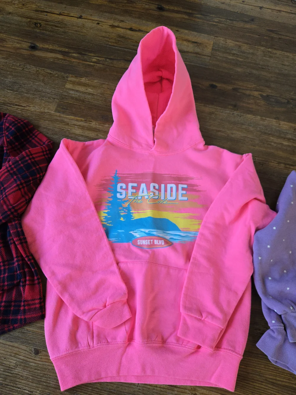 Lot Of 3 Girls Medium Sweatshirt Pink 'Seaside' Hoodie, Plaid Fleece,  Purple